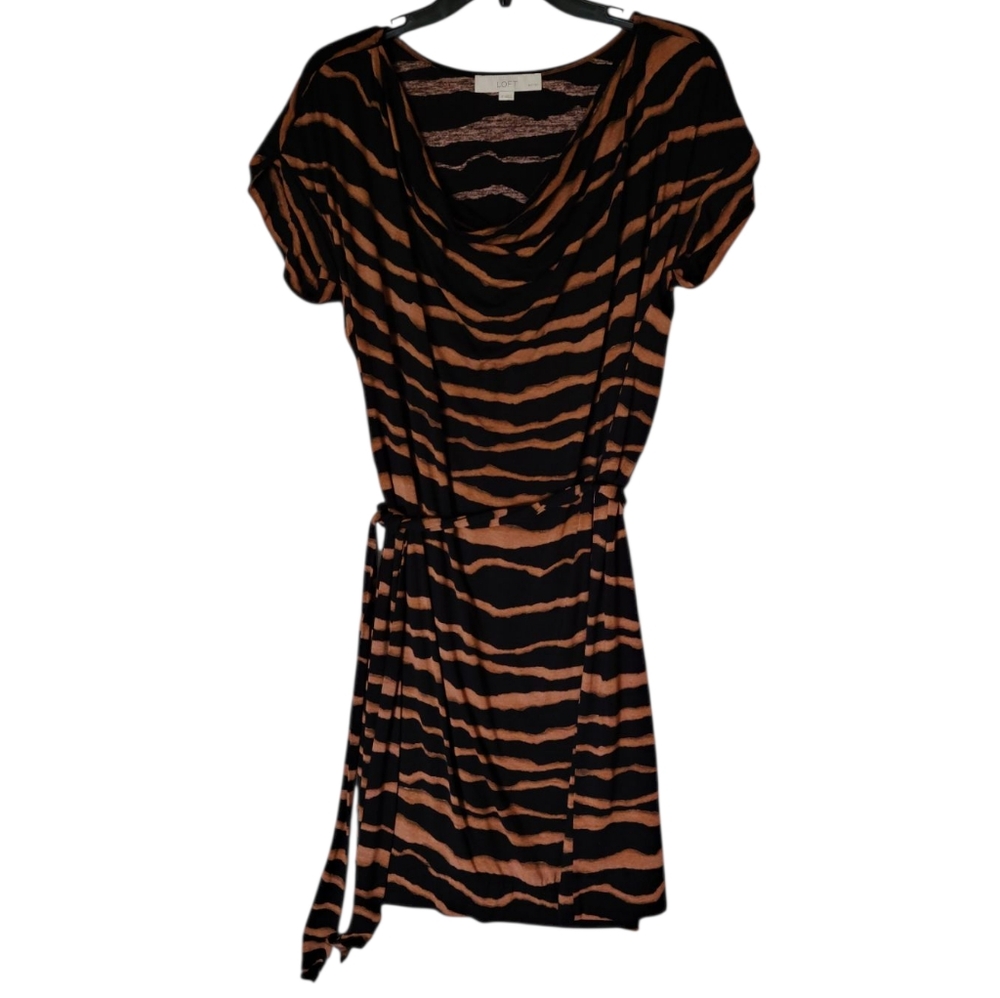 Loft Black Brown Striped Animal Print Rayon Stretch Dress Size Small Petite SP
